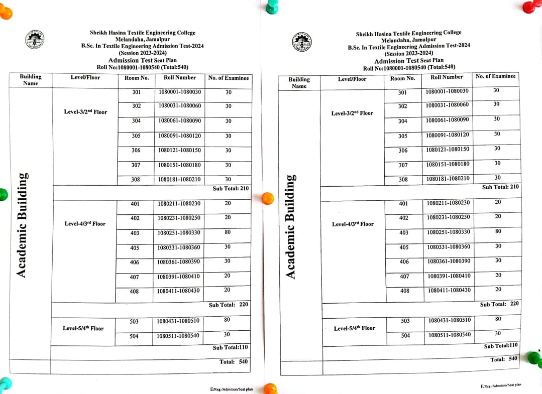 Textile Engineering Colleges Seat Plan 2024 | Result Published 6 Sheikh Hasina Textile Engineering College Seat Plan SHTEC Seat Plan