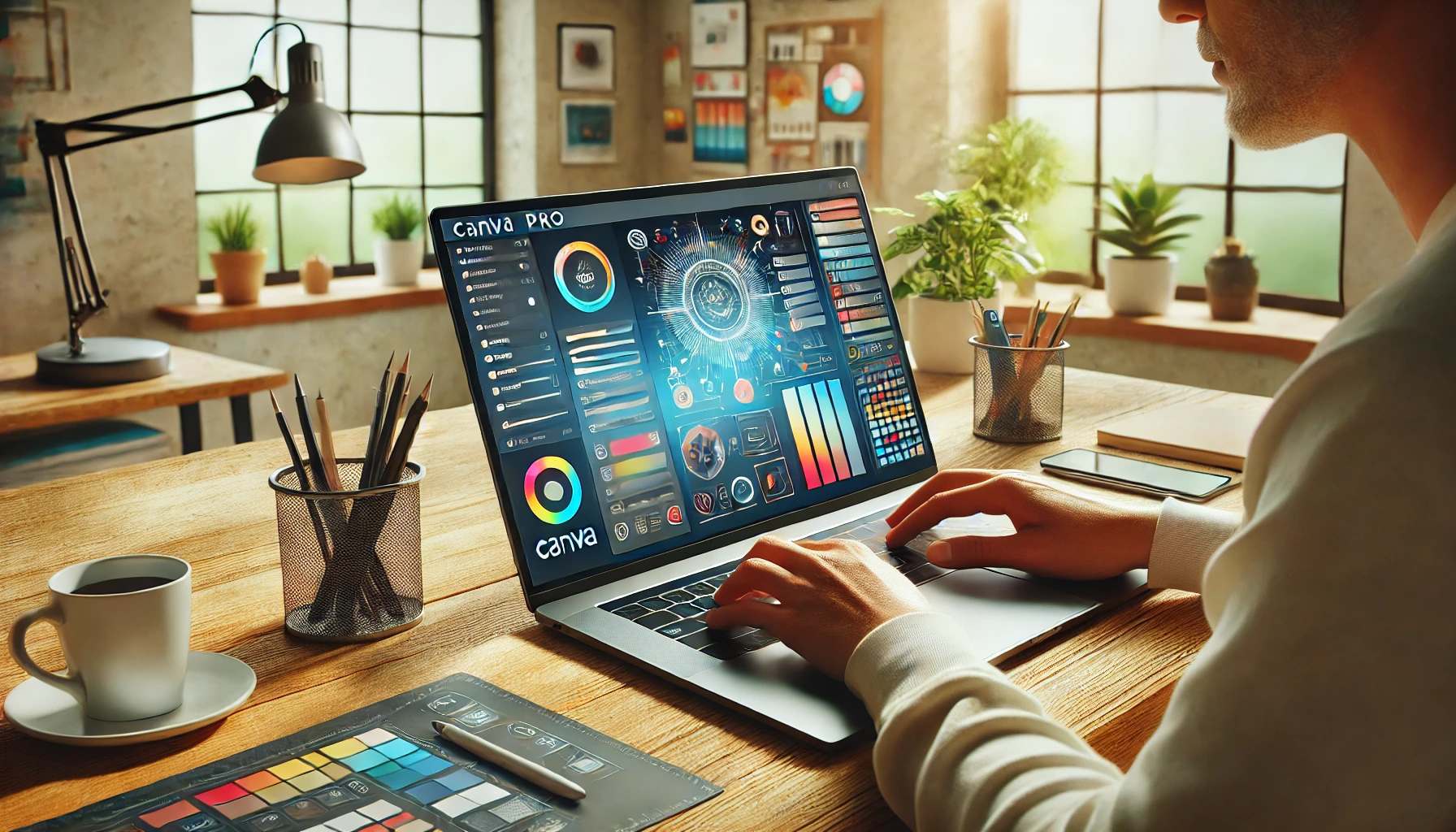 Subscribe | Get Canva Pro Free | Unlock Premium Features 2 A person using Canva Pro on a sleek laptop in a modern, well-lit workspace. The screen displays a vibrant desig